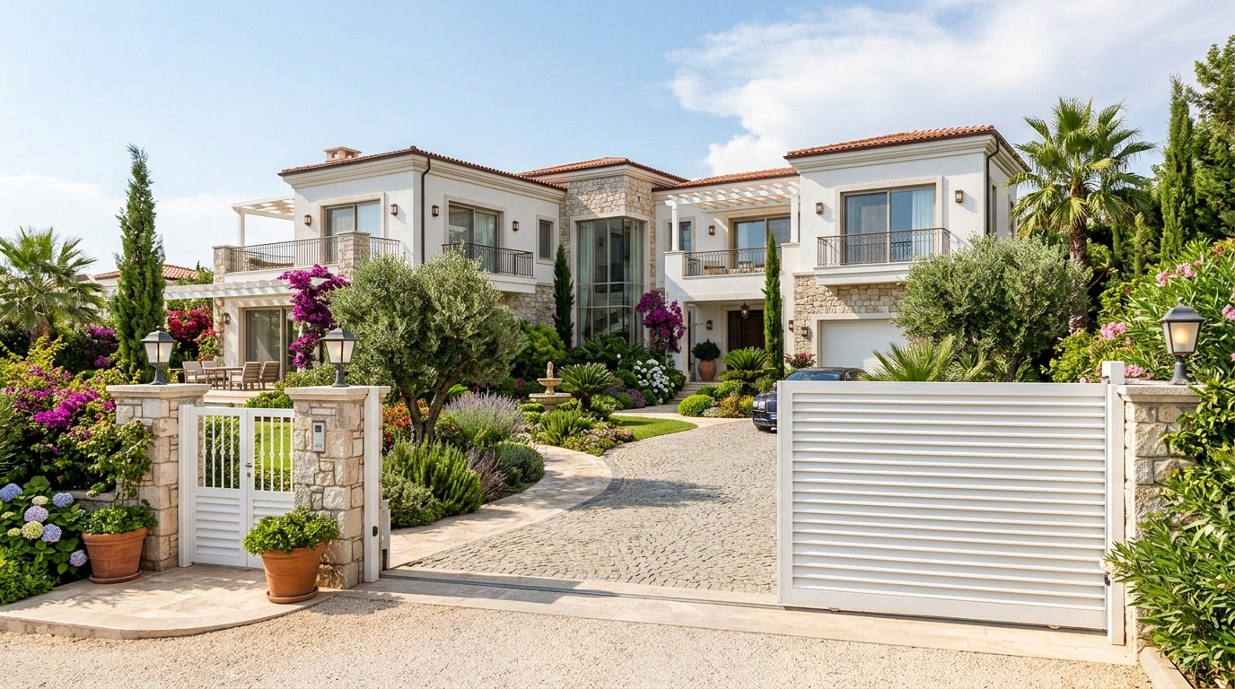 Wide open automatic sliding gate at a luxury Mediterranean villa in Turkey