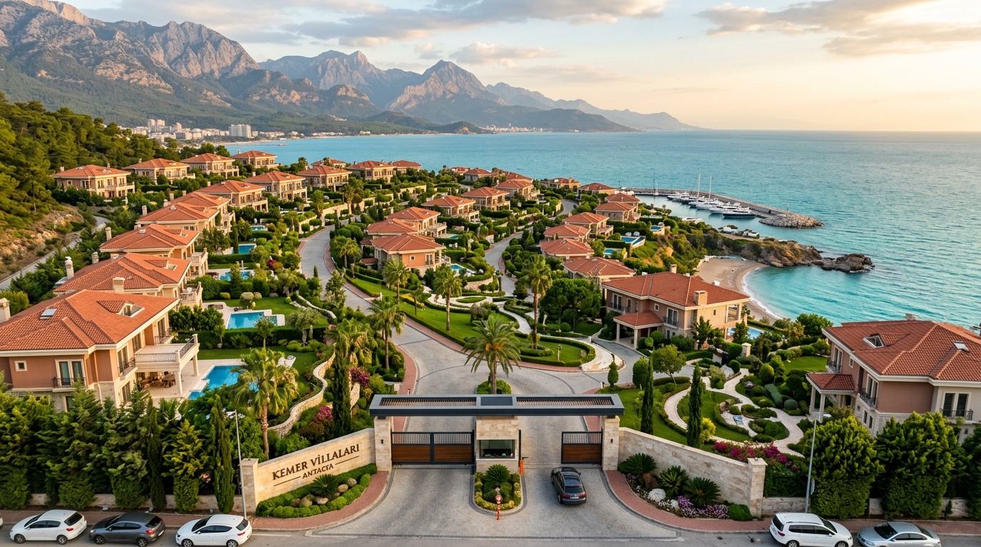 Aerial view of luxury property with automatic gate in Antalya Turkey