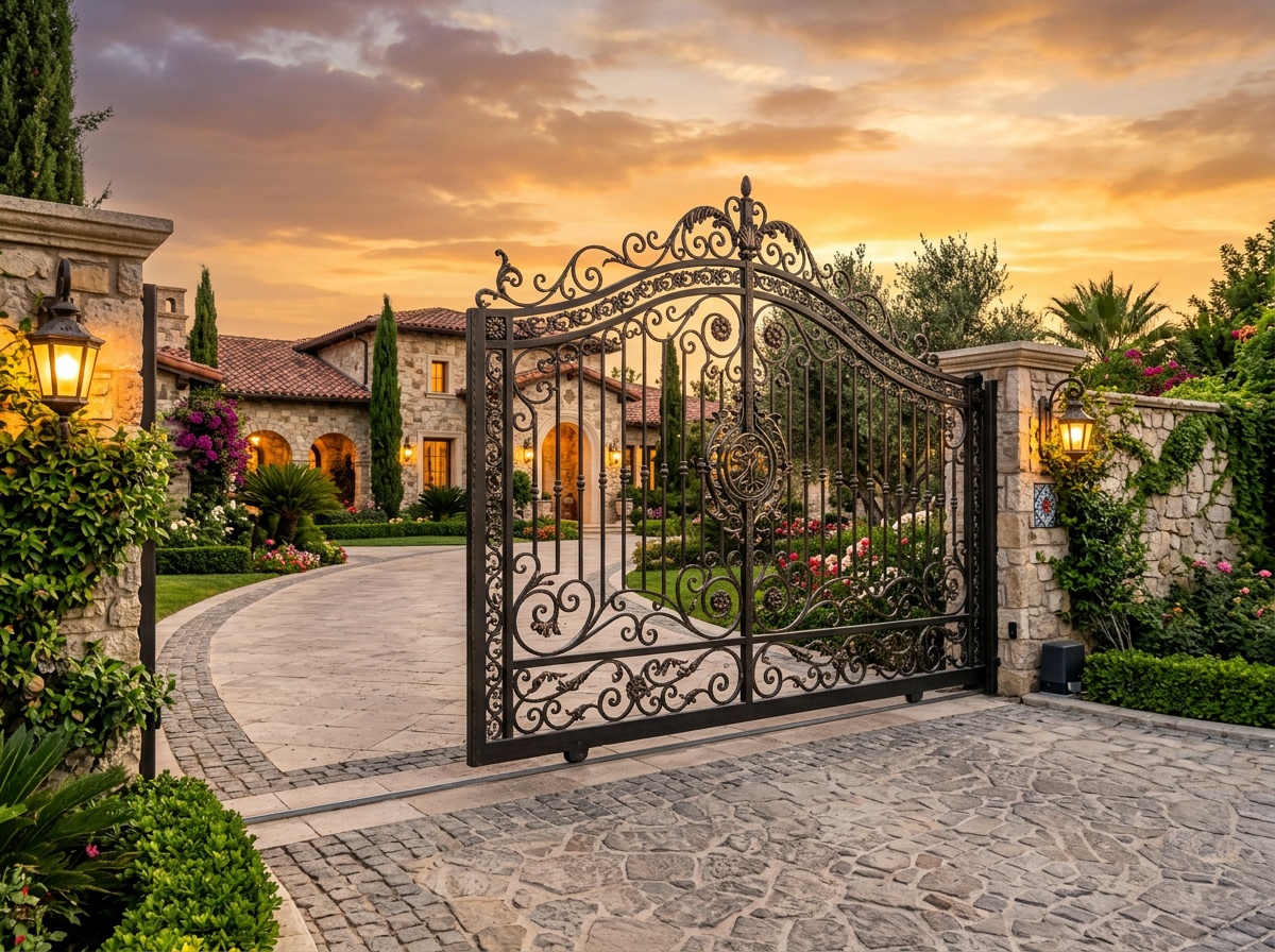 Ornamental decorative sliding gate installed at luxury Turkish villa