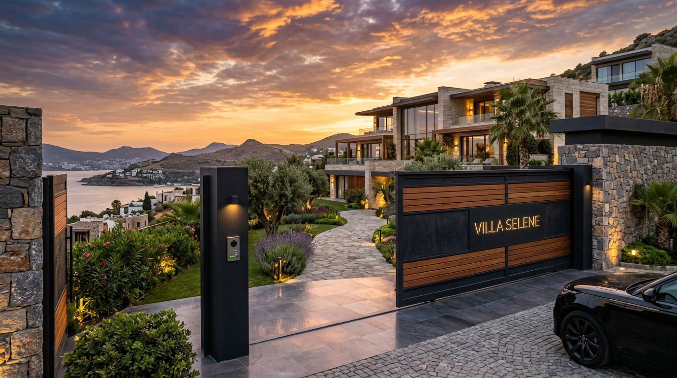 Premium automatic sliding gate at a luxury villa entrance in Turkey